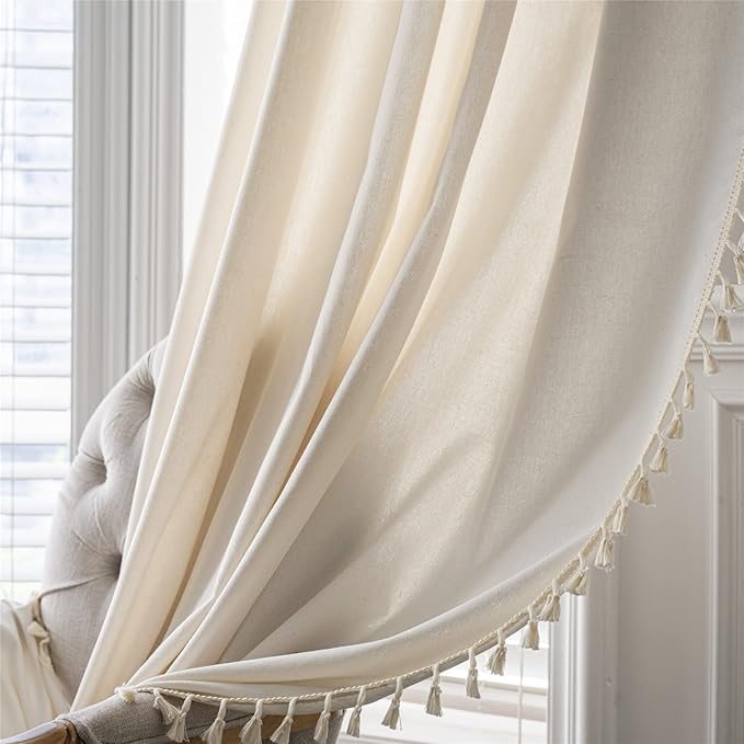 Sutuo Home Boho Curtain with Handmade Tassels, Rod Pocket Window Treatment Vintage Rustic Bohemian French Farmhouse Semi-Blackout Solid Drape for Bedroom, 1 Panel 59" W x 84" L,Cream White-Ruum Studio Home