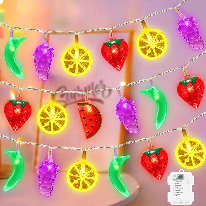 Couah [ 8 Modes & Timer ] 30 LED 16 Ft Summer Tropical String Lights Strawberry Grape Watermelon Lemon Banana Fairy Lights Battery Operated for Tropical Party Pool Beach Summer Decorations-Ruum Studio Home