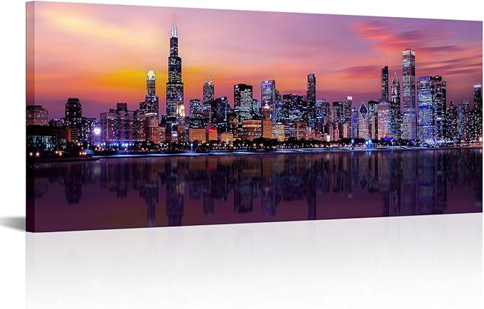 Fochorlo Large Chicago Canvas Modern City Skyline Wall Art Downtown Night Picture Prints Ready To Hang 20"X48"-Ruum Studio Home