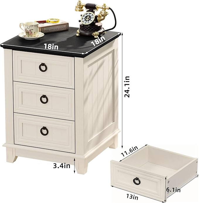 18" Farmhouse Night Stand with 3 Drawers, Wood End Table Dresser for Bedroom, White Nightstand, Bed Side Table with Metal Handle, Bedside Cabinet for Bedroom Living Room, Closet-Ruum Studio Home