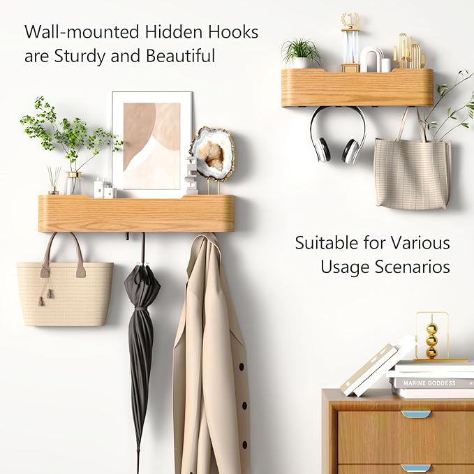 Coat Rack Wall Mount with Hidden Hooks Entryway Hanging Shelf Modern Wood Coat Hanger for Bedroom Kitchen Hallway Bathroom (Oak, 16.6 Inch Long)-Ruum Studio Home
