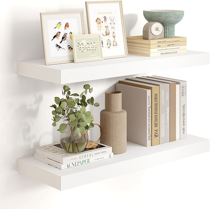Heimlove 24 inch Floating Shelves for Wall,9.3 inch deep White Wood Shelves with Invisible Brackets,Wall Mounted Storage & Display Shelves for Bedroom,Living Room,Set of 2-Ruum Studio Home
