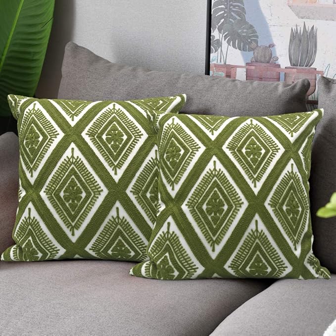 Alysheer Embroidered Decorative Throw Pillow Covers 18x18 inches Set of 2 Pieces, Boho Geometric Modern Chic Classic Pattern Cotton Cushion Cases for Sofa Couch Bed Living Room(Olive Green)-Ruum Studio Home