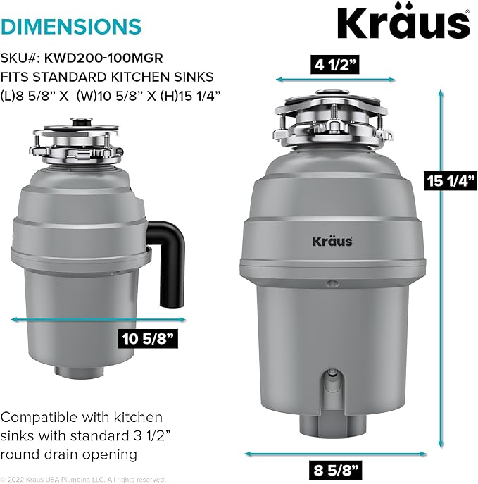 KRAUS WasteGuard High-Speed 1 HP Continuous Feed Ultra-Quiet Motor Garbage Disposal with Power Cord and Flange Included and Universal Mount, KWD200-100MGR-Ruum Studio Home