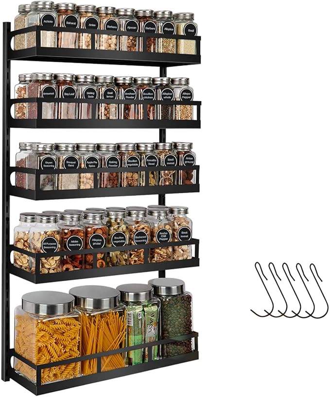 X-cosrack Wall Mount Spice Rack Organizer 5 Tier Height-Adjustable Hanging Spice Shelf Storage for Kitchen Pantry Cabinet, Dual-Use Seasoning Holder Rack with Hooks, Black-Patented-Ruum Studio Home