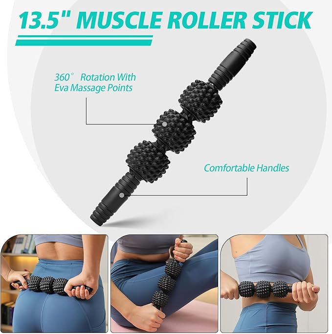 5-in-1 Foam Roller Set, Massage Roller Stick, Massage Ball, Resistance Band for Deep Muscle Massage, Trigger Point Release, Pilates, Yoga (Black-Wave)-Ruum Studio Home