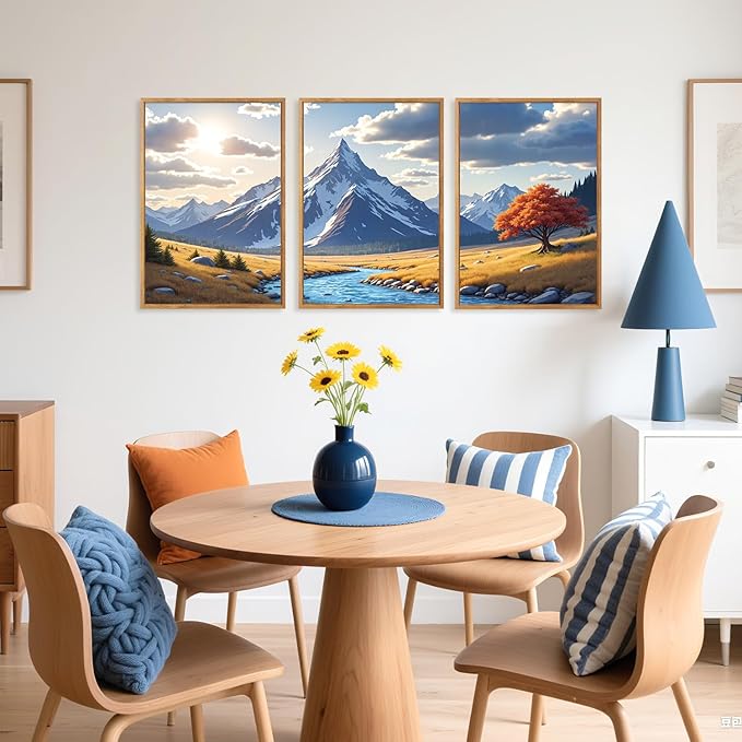 HPNIUB Landscape Mountain Wall Art Set, Rustic River Sunrise Pine Tree Forest Nature Scenry Wilderness Art Print, Farmhouse Grassland Modern Sky Decorative for Living Room, Bedroom, Office-16 x24 x3-Ruum Studio Home