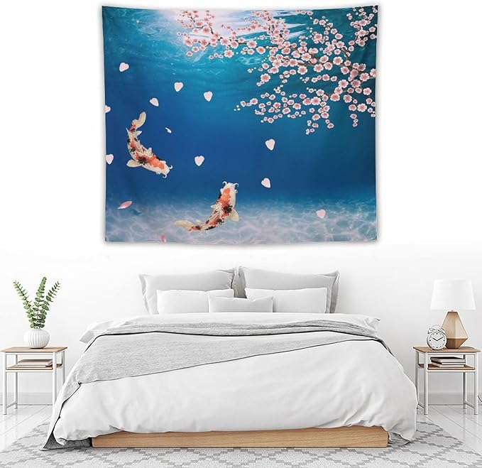 Japanese Koi Fish Tapestry, Cherry Blossoms Asian Oriental Blue Floral Branch Koi Fish Carp Tapestries Wall Hanging for Bedroom Living Room Office Decor 60"x50"-Ruum Studio Home