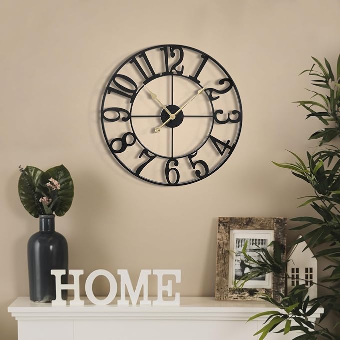 LEIKE Large Wall Clock, 18.5" Silent Non-Ticking, Battery Operated, Oversized, Decorative Retro Black Metal Clock for Living Room,Farmhouse, Dinner Room,Indoor, Outdoor(47cm, Black Arabic Number)-Ruum Studio Home
