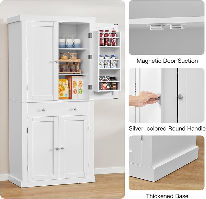 usikey 72” Pantry Cabinet, Tall Kitchen Storage Cabinet with 4 Doors and 1 Drawer, Cupboard with 6 Hanging Shelves and Adjustable Shelves for Kitchen, Dining Room, Living Room, White-Ruum Studio Home