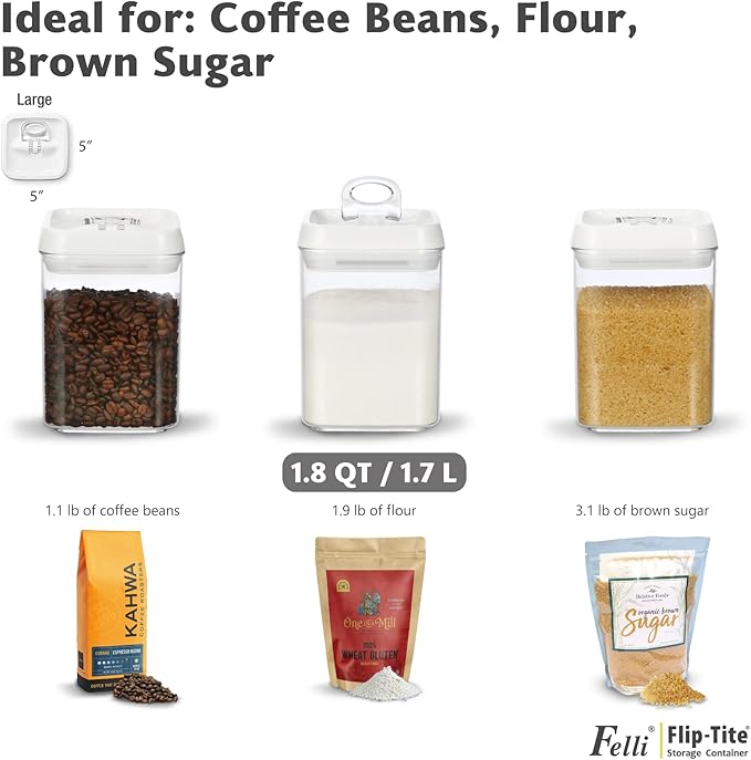 Felli Flip Tite Food Storage Containers With Lid 5" LARGE Airtight Ring Lock Flip Top, Square Acrylic Canister Jar for Rice Sugar Flour Protein Powder, Kitchen Pantry Organizer, Gift Set (1.8qt)-Ruum Studio Home