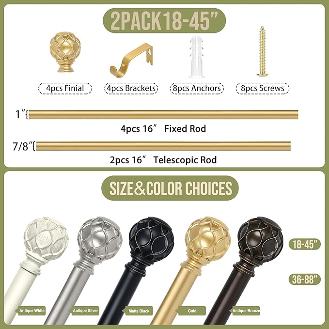 Gold Adjustable Curtain Rods for Windows:Farmhouse Heavy Duty Curtain Rod for Bedroom Living Room,Boho Decorative Rustic Drapery Rod with Vintage Coastal Texture Finial,Brass Gold 2Pack 18-45"-Ruum Studio Home