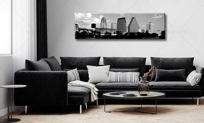 Austin Skyline Wall Art Black and White City Building for Living Room Cityscape Canvas Print Modern Home Decor Artwork Framed 14x48 Inch 1 Panels Panorama Pictures Landscape Poster Decoration-Ruum Studio Home