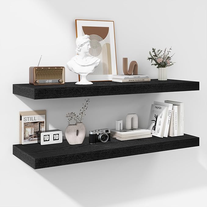 Fun Memories Floating Shelves - 2 Pack 12 Inch Rustic Wooden Wall Shelves - Extra Deeper & Thicker Wall Mounted Storage Shelf for Living Room, Kitchen, Farmhouse - 36" W x 12" D x 1.8"H - Rustic Black-Ruum Studio Home