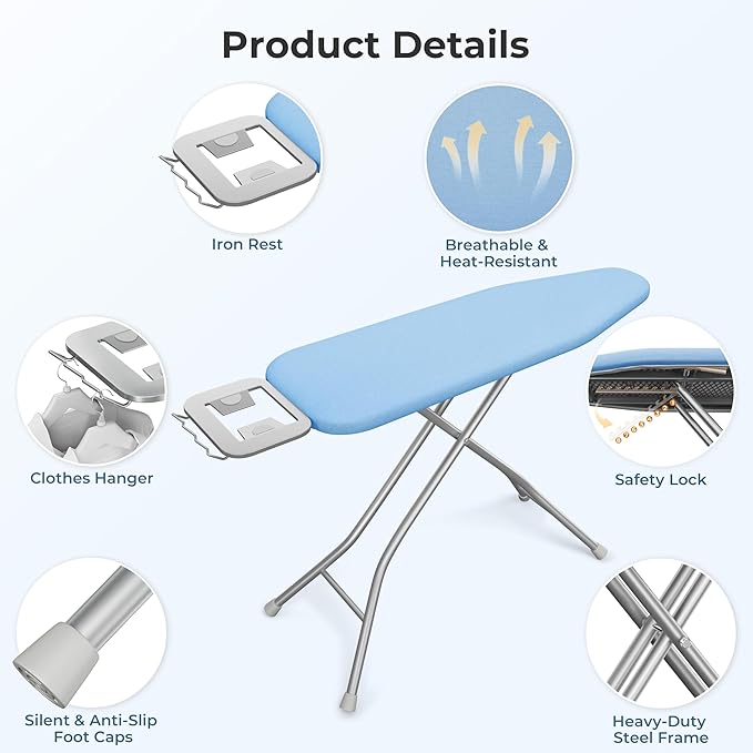 Yaheetech Foldable Ironing Board, Heavy Duty Iron Board with 9 Adjustable Heights, 4 Layer Cover and Safety Iron Rest, 52X14 Compact and Space Save Iron Board for Home Laundry Room Use, Blue-Ruum Studio Home