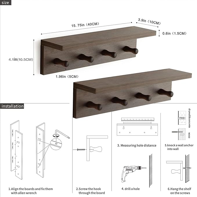 Entrance Coat Rack ，Coat Hooks, Wall-Mounted Wooden Hook Rack, Wall-Mounted Shelves are Very Suitable (Walnut Colored Finish-2)-Ruum Studio Home