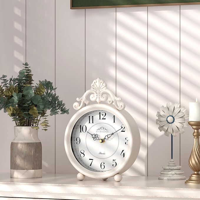 Vintage White Table Clock, Desk and Shelf Mantel Clock, French Rustic Antique Style Decor Clocks, for Farmhouse, Bedroom, Living Room, Bedside, Gift (9" H x 6.3" W)-Ruum Studio Home