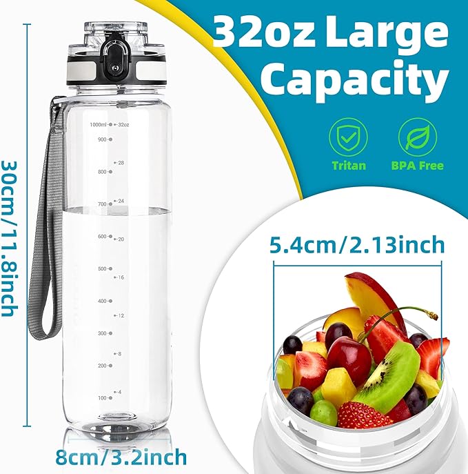 OLDLEY 32 oz Water Bottle, Motivational Water Bottle with Time Marker, Sports Water Bottle With Strap, Leakproof & BPA Free Large Water Bottles for School, Gym, Travel, Outdoor, Tritan, Transparent-Ruum Studio Home