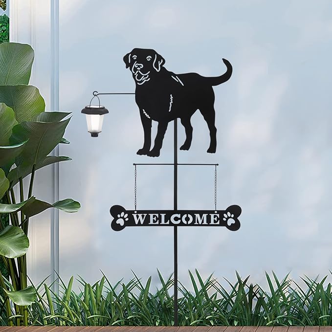 BAYN Solar Labrador Silhouette Dog Breed Welcome Sign with a Lantern Outdoor Decorative Garden Stakes for Yard, Lawn, Patio, Pathway-Ruum Studio Home
