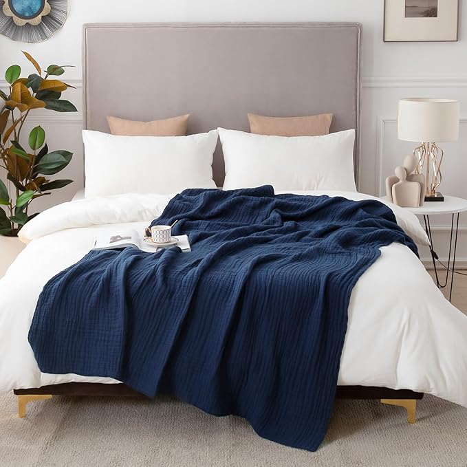 EMME Cotton Muslin Blanket King Size - Soft, Breathable Layering Blanket, 108"x90", All Season Gauze, Navy-Ruum Studio Home