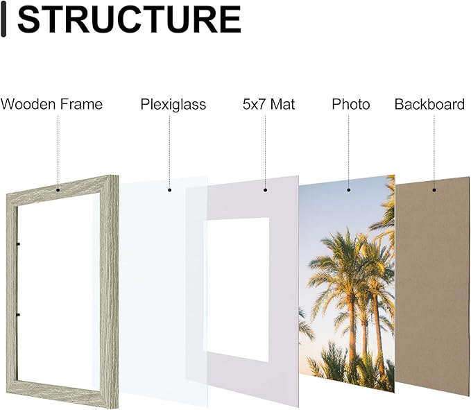 Vittanly 8x10 Picture Frames Set of 9, Shatter Resistant Plexiglass, Display 5x7 Pictures with Mat or 8x10 without Mat, Photo Frames for Wall or Tabletop, Engineered Wood, Driftwood-Ruum Studio Home