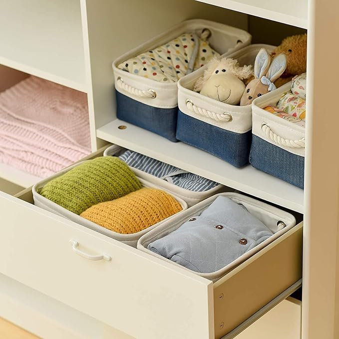 TheWarmHome Storage Basket for Organizing - Small 12x8x5.2 inch 6 Pack Collapsible Storage Bin for Shelves, Canves Storage Cubes for Organizer Cloth Box Gift Toys Closet (White & Jean Blue)-Ruum Studio Home