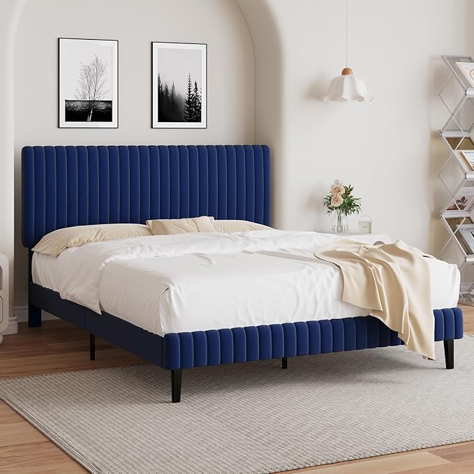 Queen Size Bed Frame with Headboard, Velvet Upholstered Platform Bed with Vertical Channel Tufted Design, No Box Spring Required, Easy Assembly, Blue-Ruum Studio Home