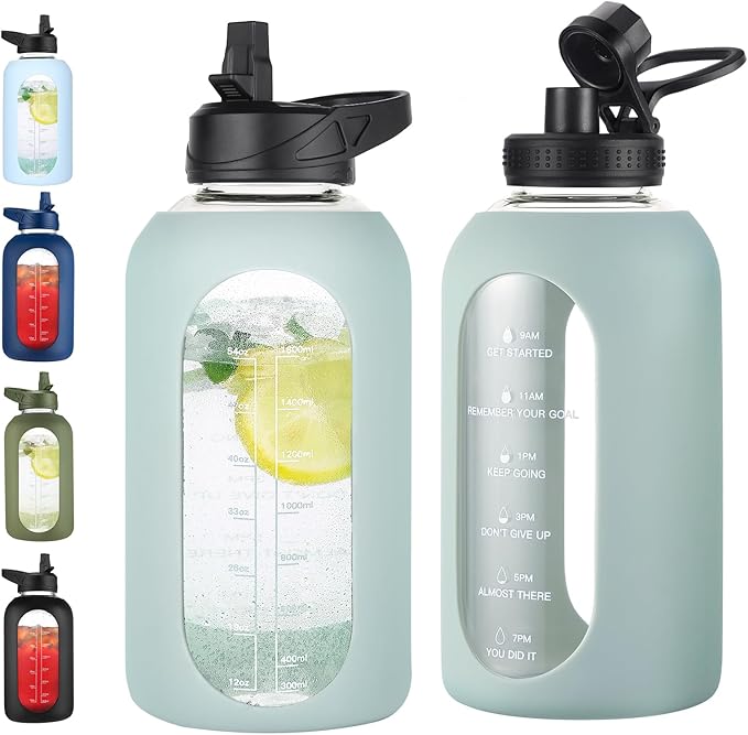 64 oz Glass Water Bottle With Straw and Handle, Half Gallon Sports Motivational Water Jug Flask with Silicone Sleeve, Large Water Cup with Time Marker for Travel, Gym, Sage-Ruum Studio Home