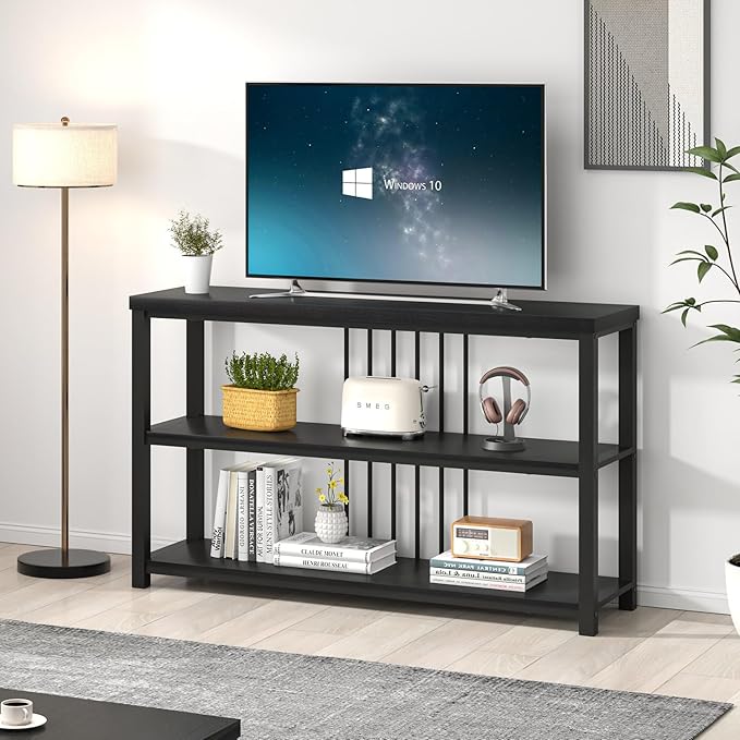 FOLUBAN Entryway Table, Modern Sofa Console Table with 3 Tier Storage Shelf for Living Room Hallway Foyer, Industrial Black Oak-Ruum Studio Home