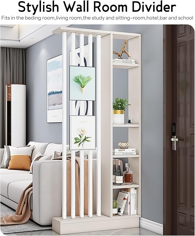 Wall Room Divider, Storage Cabinet Storage Display with Shelves, Modern Freestanding Wood Room Divider Screen, Wall Privacy Screens for Home Office Decorative (Beige+White,31.5" L x 9.5" W x 79.5" H)-Ruum Studio Home