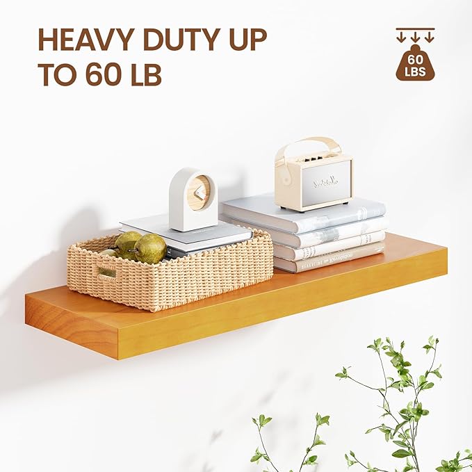 Honey Oak Brown Floating Wall Shelves 24 Inches Long x 8”x 1.4” Wooden Shelf Floating Rustic Farmhouse Decor, Heavy Duty Shelf Hold 60 lbs, Wall Shelves for Bathroom Living Room Kitchen Bedroom Office-Ruum Studio Home
