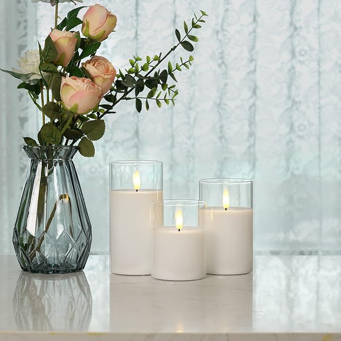Homemory Clear Glass Flameless Candles, Pure White Wax Battery Operated Candles, LED Pillar Candles with Remote Control and Timers, D3 H4 5" 6", Set of 3-Ruum Studio Home