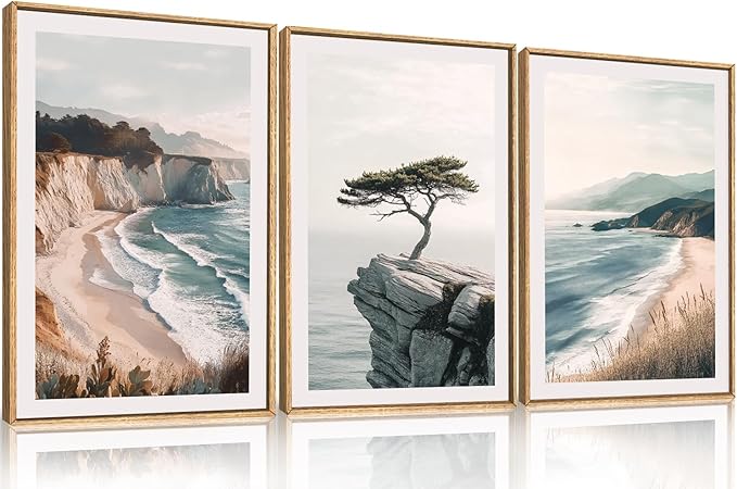 Amalfi Coastal Beach Framed Canvas Wall Art Set, Summer Ocean Wall Decor, Southwestern Beach Wall Painting, Ocean Seascape Art Prints for Living Room, Bedroom, Dining Room - 16"x24"x3-Ruum Studio Home