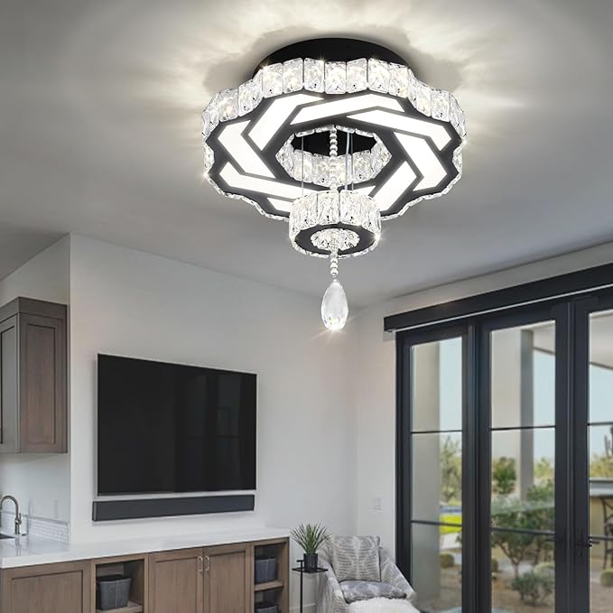 Flashing God 16 Inch Mini Chandelier Modern Crystal Chandeliers Light Semi Flush Mount Ceiling Light Fixture Small Black Chandelier for Bedroom Hallway Kitchen Foyer-Ruum Studio Home