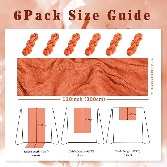 Orange Cheesecloth Table Runner 6 Pack 10FT Boho Fabric Rustic Cheese Cloth Table Runner for Wedding 20 x 120 Inch Long Bridal Shower Baby Shower Gauze Sheer Birthday Party Table Decorations-Ruum Studio Home