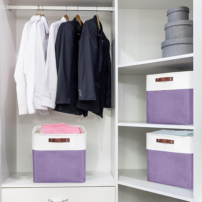 13x13 Cube Storage Bins, Collapsible Fabric Storage Box, 4 Pack Closet Baskets with Handles for Organizing, Shelf, Toys, Clothes, Home, Office, Nursery (Purple&White)-Ruum Studio Home