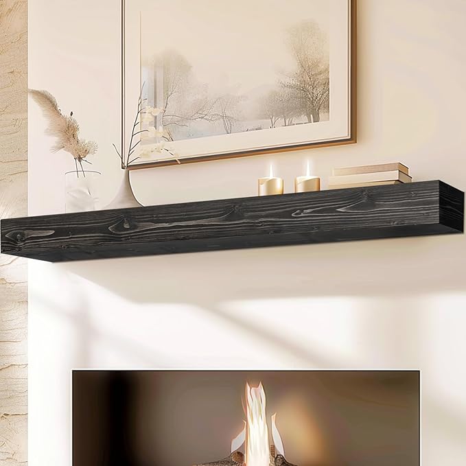 72x8x5 Fireplace Mantel - Handcrafted Hollow Rustic Solid Wood Wall Mounted Floating Shelf with Invisible Heavy Duty Wood Bracket (Weathered Black)-Ruum Studio Home