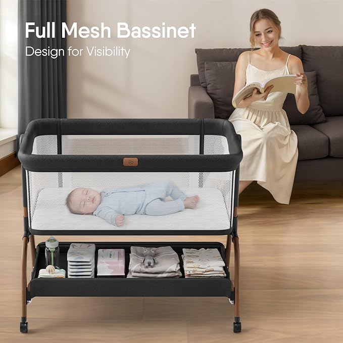 Baby Bassinet Bedside Crib, 3-in-1 Baby Bassinet Bedside Sleeper with Mattress and Soft, Breathable Sheet, Full-Mesh Sides, 6-Height Adjustable, Stable and Secure Crib for Newborns-Ruum Studio Home