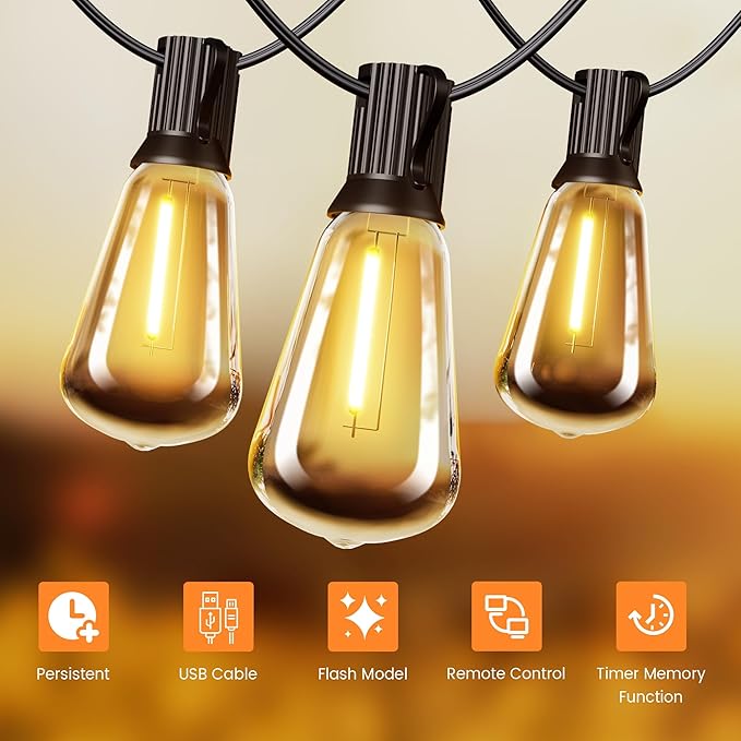 OHLUX 120FT Solar String Lights Outdoor with Remote, 2200K Soft Warm Patio Lights with 52 Shatterproof ST38 Tear-Drop LED Filament Bulbs, Dimmable Outside Edison Hanging Light for Backyard Deck Roof-Ruum Studio Home