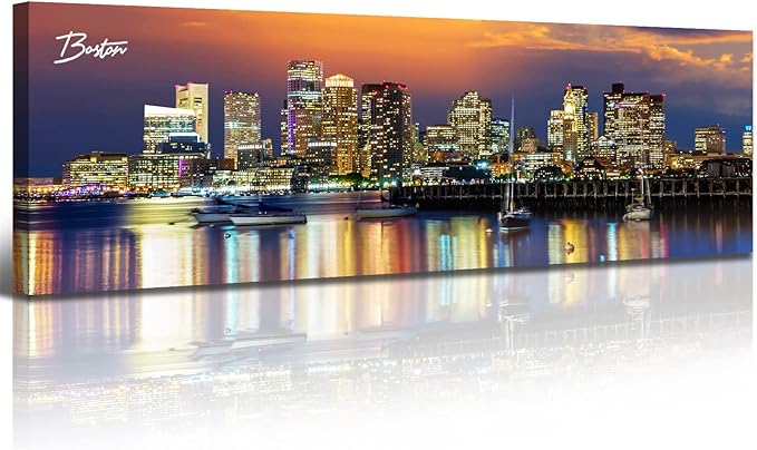 DJSYLIFE Boston Skyline Wall Art Canvas Prints Colorful USA City Night Pictures Modern Panoramic Cityscape Posters Paintings for Bedroom Office Decor, Ready to Hang 13.8"x45.3"-Ruum Studio Home