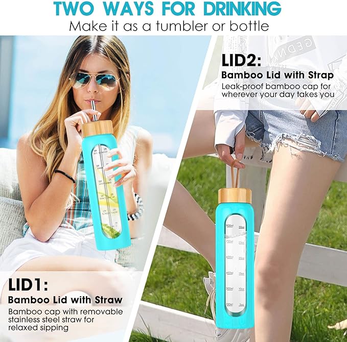32 oz Glass Water Bottle with Straw - Motivational Time Marker & Silicone Sleeve - Reusable Tumbler Includes 2 Bamboo Lids & Fruit Infuser - 1 Pack-Ruum Studio Home