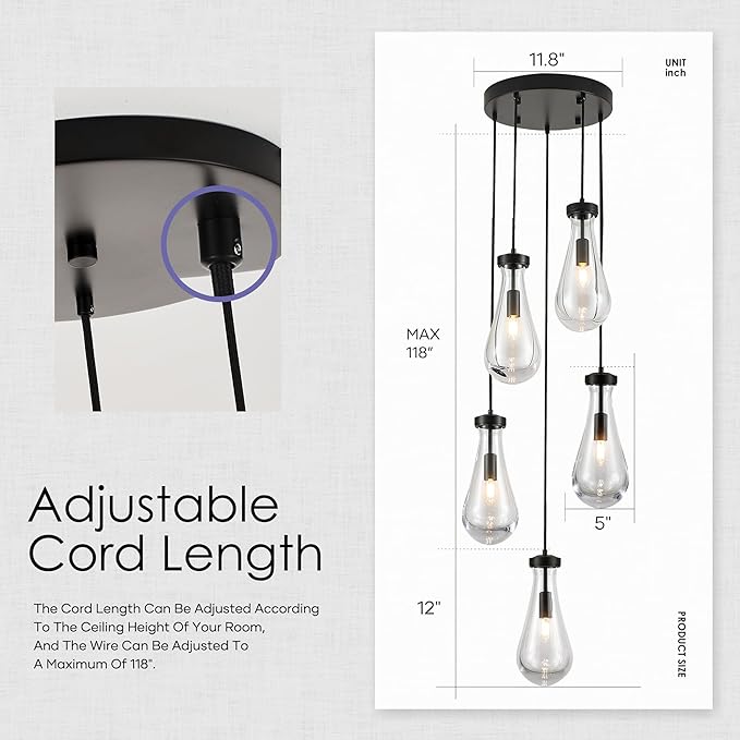 5-Light Raindrop Pendant Light Fixtures, Black Glass Pendant Lighting, Teardrops Modern Hanging Light for Entryway Foyer Kitchen Island Dining Living Room Hallway-Ruum Studio Home