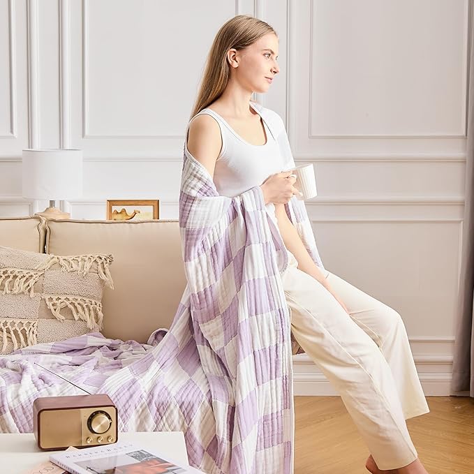 EMME Checkered Cotton Blanket Queen Size for Bed Soft Large Muslin Bed Blankets 80"x90" Lightweight Breathable Cooling All Season, Lavender-Ruum Studio Home