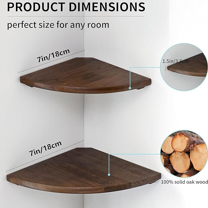 Corner Shelves, Floating Corner Shelf, Set of 2 7inch Solid Oak Wood Corner Wall Shelves, Round End with Wire Hole for Small Plant for Bedroom Kitchen, Living Room-Ruum Studio Home
