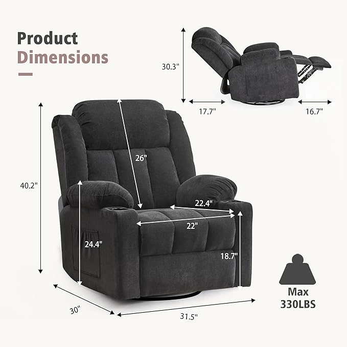 Rocker Swivel Recliner Chair for Adults, Overstuffed Large Manual Recliner Glider with Massage and Heat, Comfy Soft Fabric Living Room Reclining Sofa Chair (Black Fabric)-Ruum Studio Home