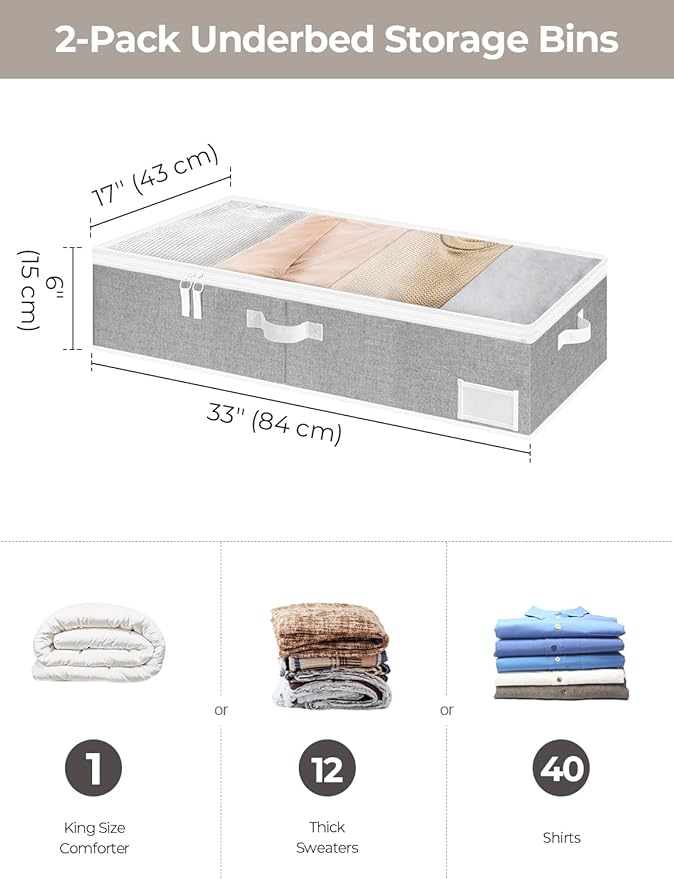 StorageWorks Large Under Bed Storage Containers with Handles and Label Holder, 2 Pack Ultra-thick Fabric Underbed Bins, Closet Organizer for Clothes, Blankets, Sweater-Ruum Studio Home