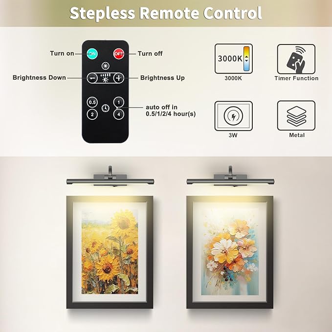 Battery Operated Picture Lights for Wall, Wireless Painting Lights Dimmable Artwork Lighting with Remote and Timer, Rechargeable Art Lights for Paintings-Brushed Grey 16'' inch Warm White-Ruum Studio Home