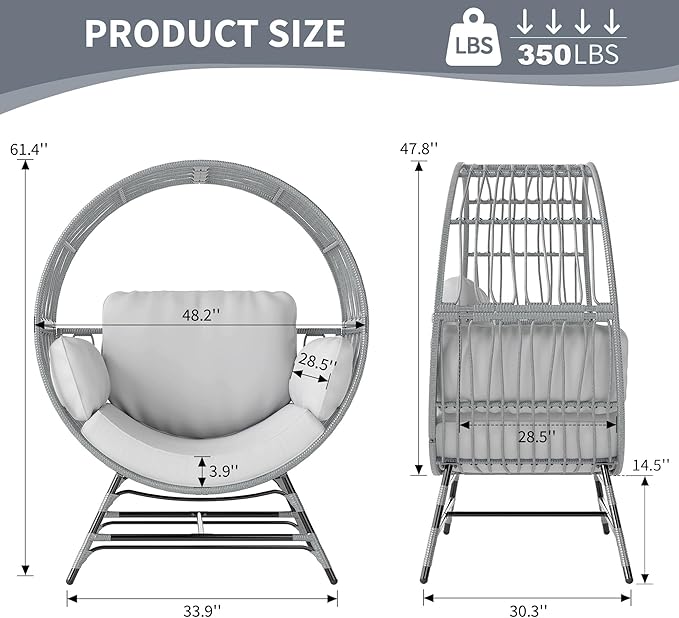 Egg Chair Outdoor Indoor, Oversized Rattan Chair with Thicken Cushion, 350LBS Capacity Wicker Patio Lounge Chair, Basket Chair for Living Room Balcony Porch Backyard, Grey/Light Grey-Ruum Studio Home