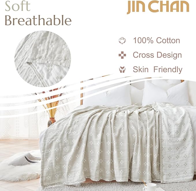 jinchan Boho 100% Cotton Blanket Muslin Twin Size 60x80 Inches Lightweight 3-Layer Geometric Cross Pattern Reversible Quilt Throw Soft Breathable Comfy All Seasons for Couch Bed Decor, Light Grey-Ruum Studio Home