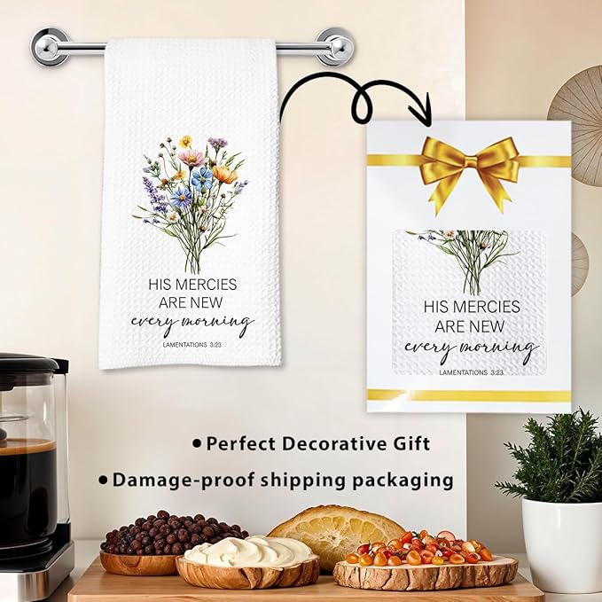Christian Kitchen Towel, Waffle Weave Microfiber Scripture Hand Towel, His Mercies are New Every Morning Bible Verse Farmhouse Decor for Kitchen Bathroom, Inspirational Gift for Women-Ruum Studio Home